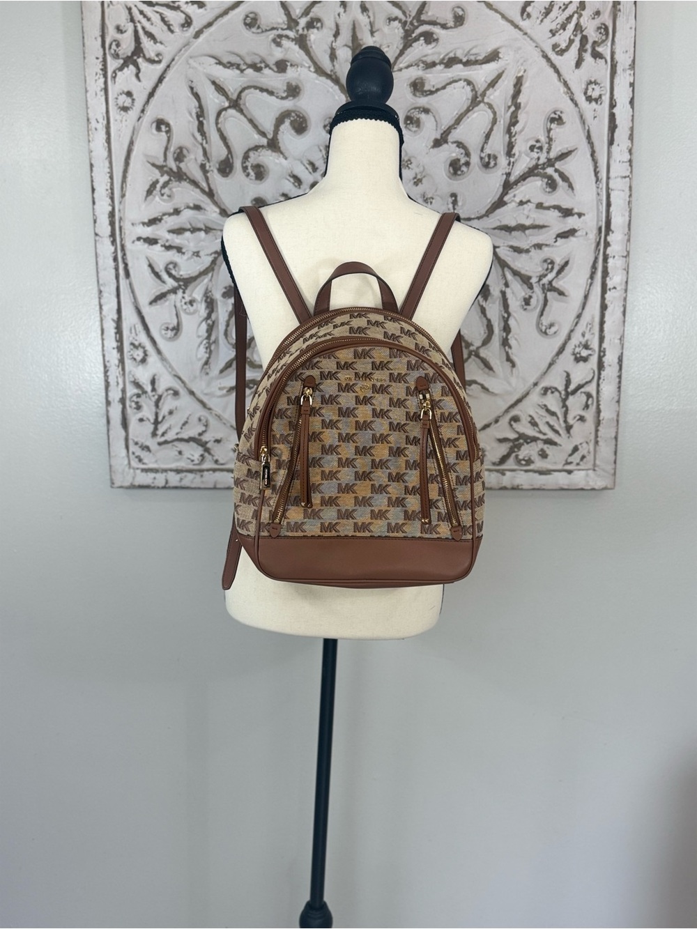 Michael Kors Beige/Tan Signature MK Small Backpack- used once